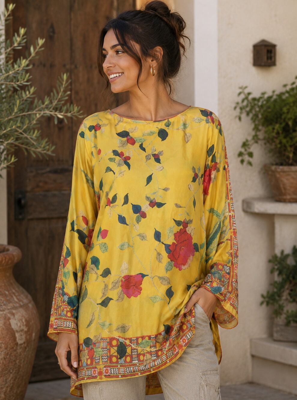 Johnny Was Seillio Yellow Floral 100% Silk Tunic M